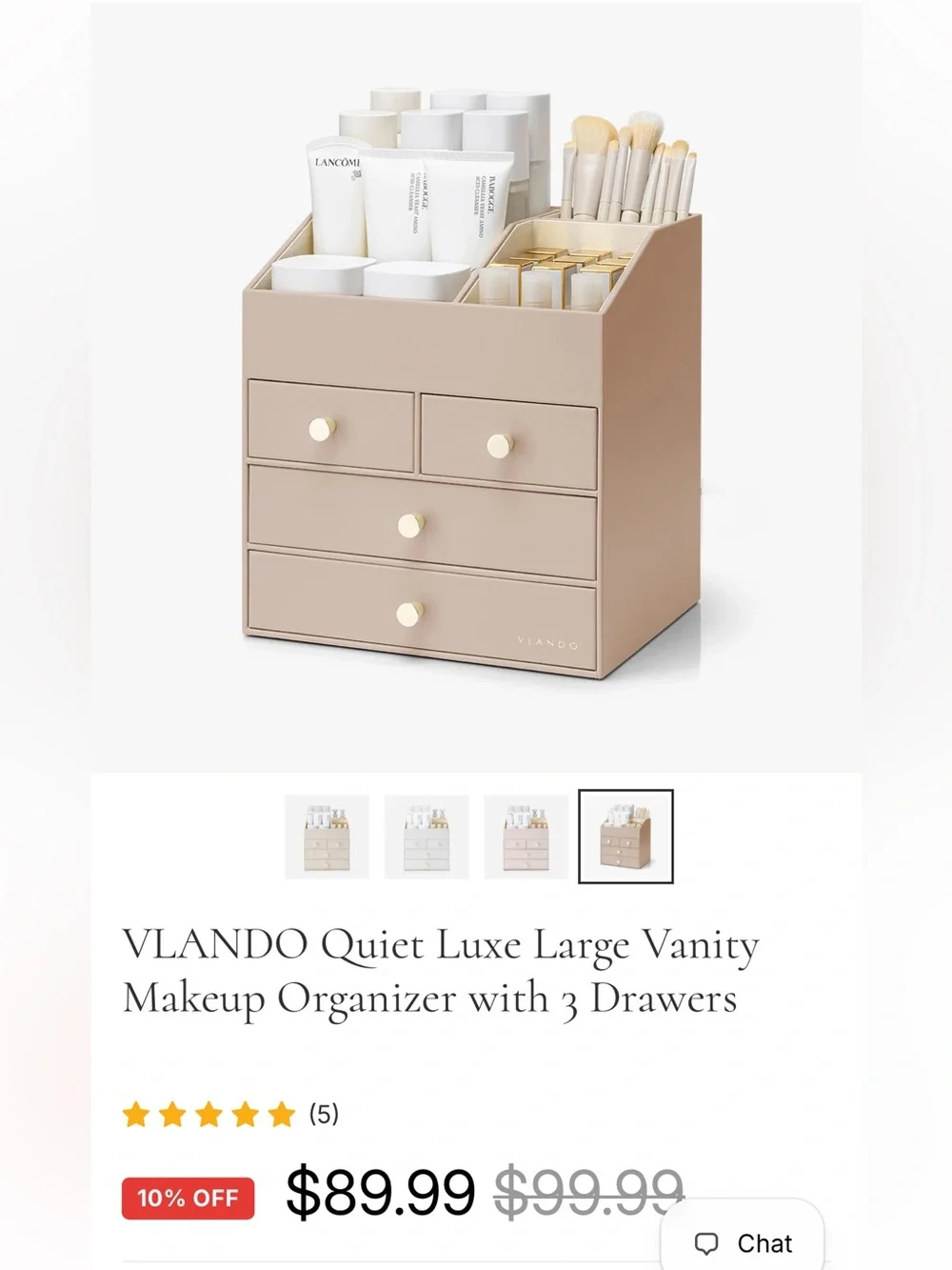 VLANDO Quiet Luxe Large Vanity Makeup Organizer with 3 Drawers pink paste light